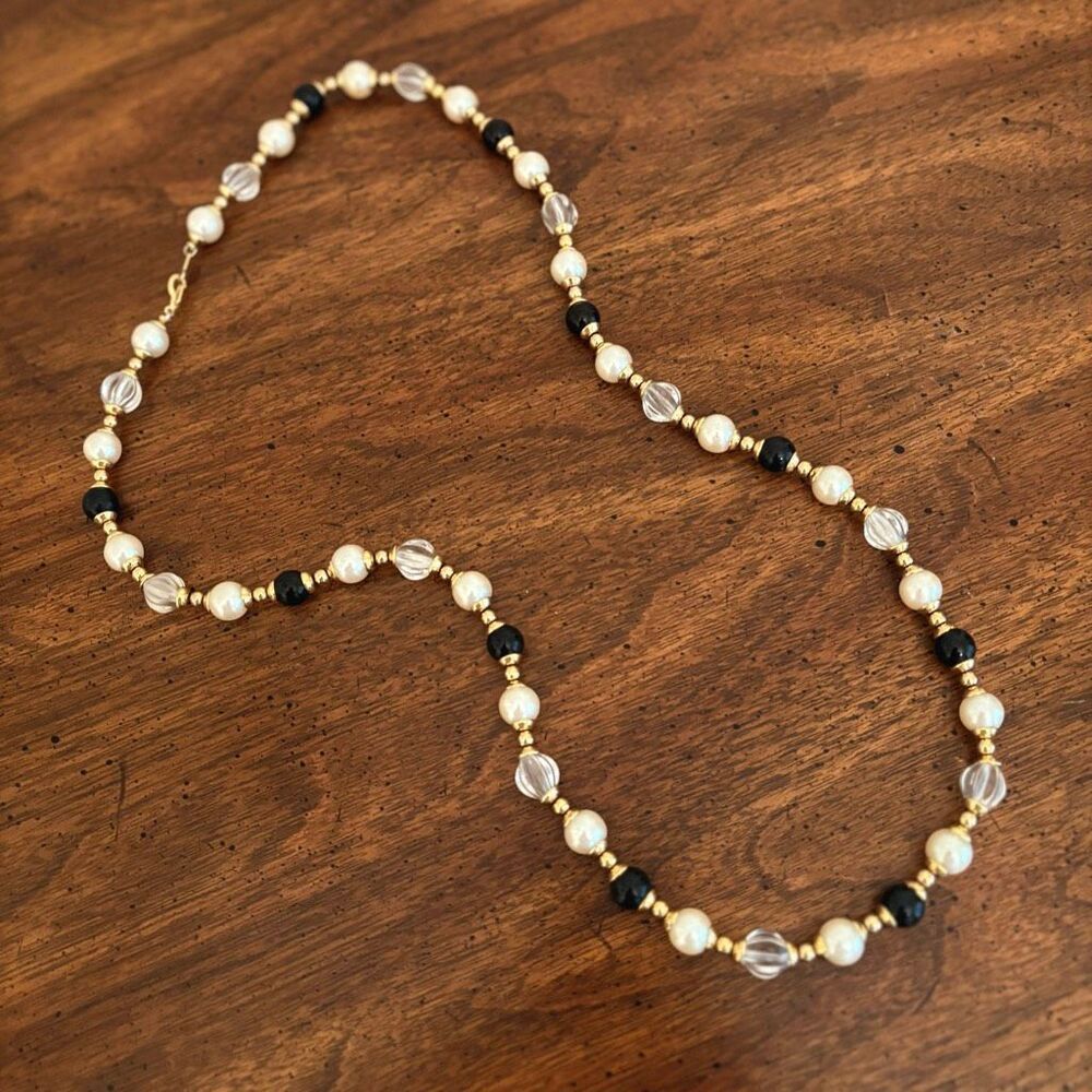 Faux Pearl and Onyx Beaded Necklace | 29” Length